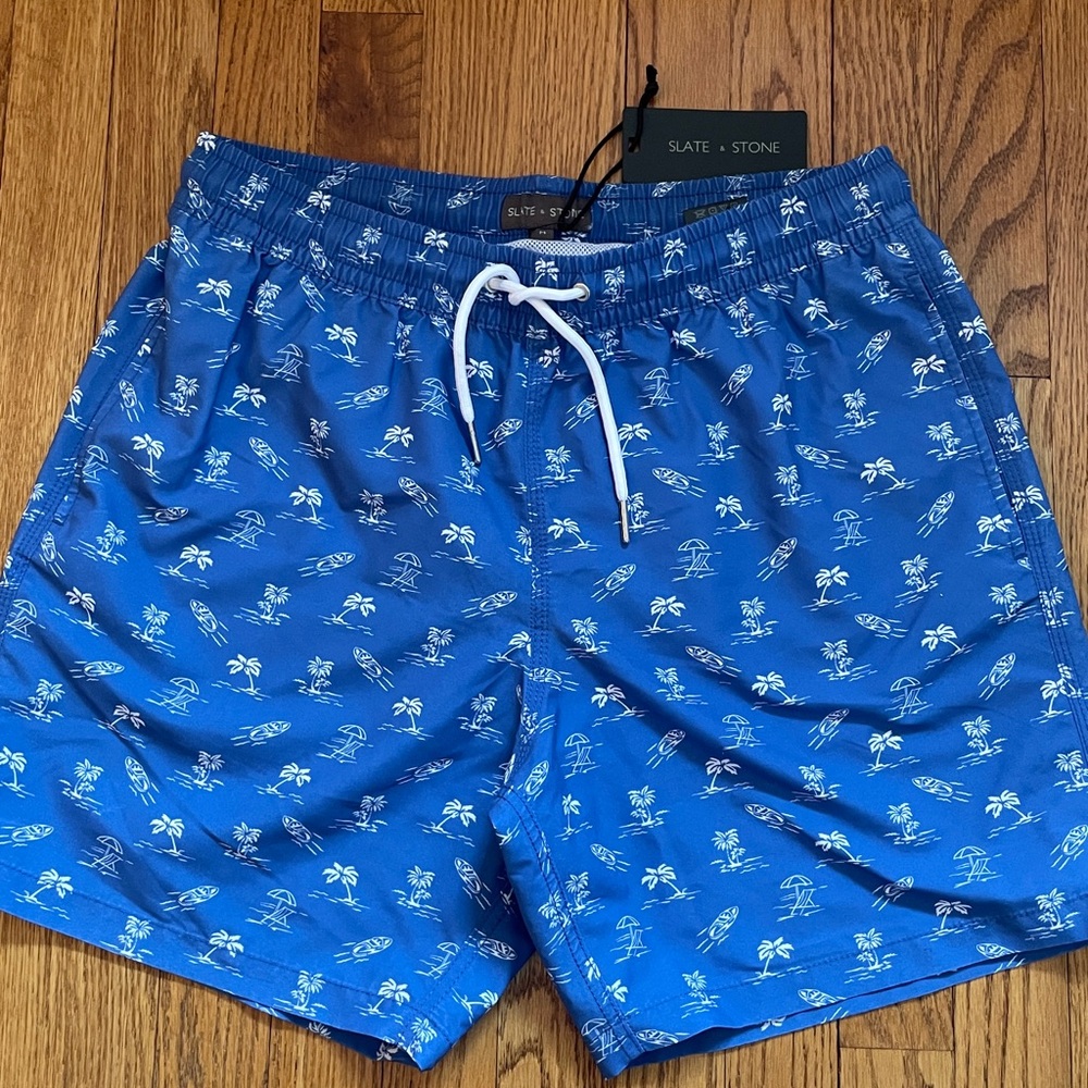 Slate & Stone Blue Swim Shorts with White Print, Size M, New with tags